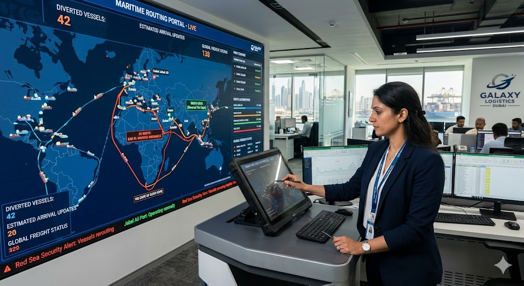 6.1.png An operations manager tracking diverted ocean freight corridors on a digital maritime routing dashboard inside a Dubai logistics office.