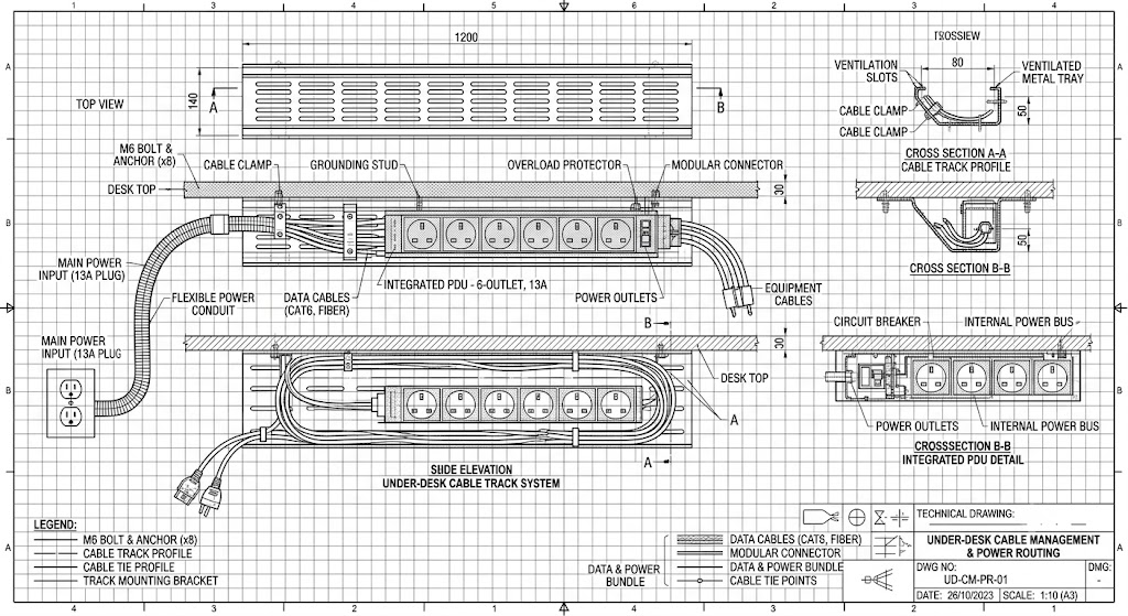 8.3.png Technical engineering drawing showing an under-desk cable management track and integrated power routing configuration.