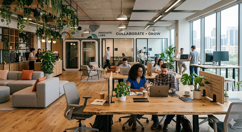 An open-plan corporate headquarters in Saudi Arabia featuring sustainable, LEED-compliant office furniture layouts and collaborative workspaces.