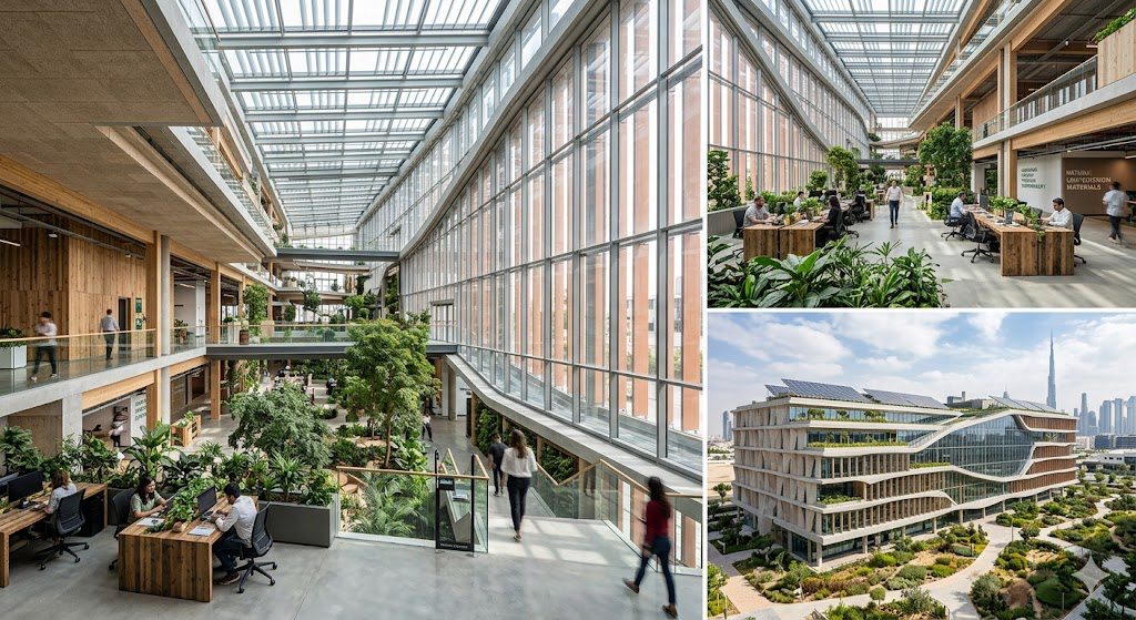Architectural layout of an eco-friendly corporate headquarters in Dubai displaying natural lighting optimization and low-emission materials.