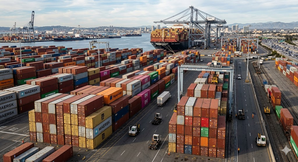 6.2.png Thousands of industrial shipping containers stacked high at a busy maritime port terminal, illustrating global equipment shortages.