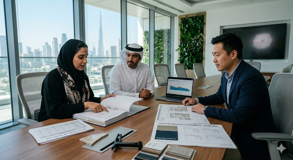 8.2.png Corporate facility procurement managers reviewing material testing logs and furniture specification documents in a modern Dubai office.