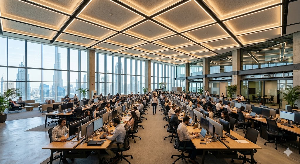 7.2.png An expansive open plan corporate office in Dubai with employees working at adjacent benches, highlighted by integrated ceiling light panels.