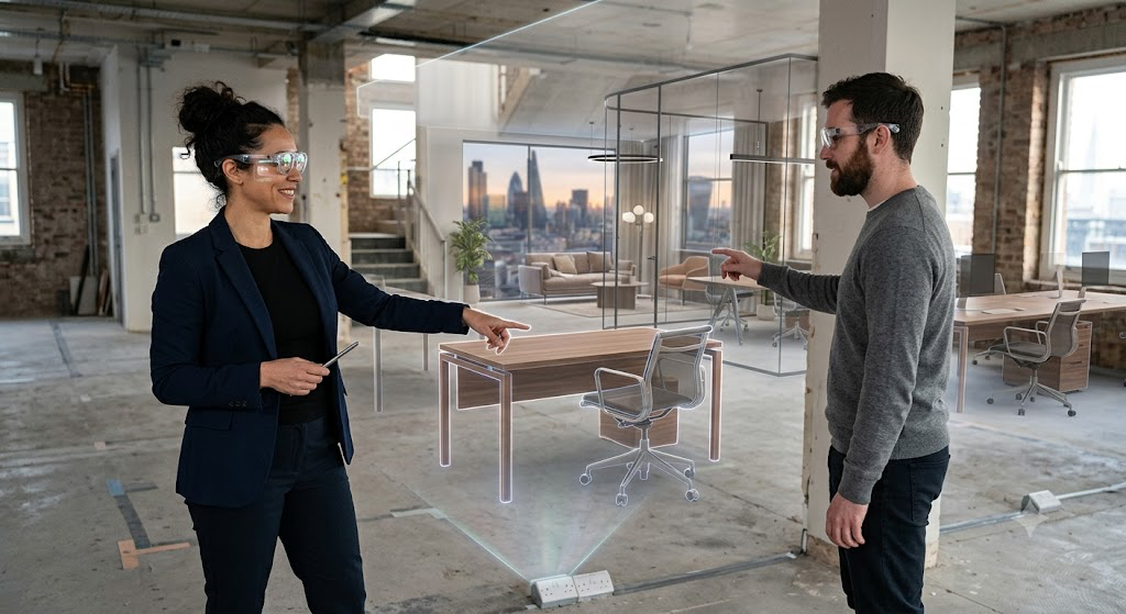 An interior designer demonstrating a 1:1 scale augmented reality office rendering using see-through holographic glasses frames.