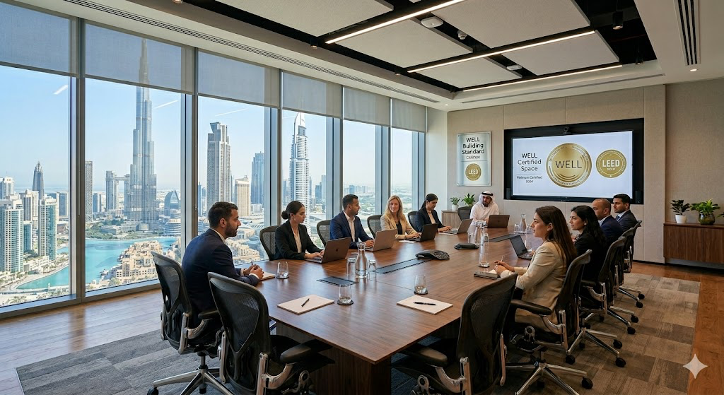  A premium, WELL and LEED certified corporate boardroom in Dubai featuring ergonomic Task seating and energy-efficient systems.