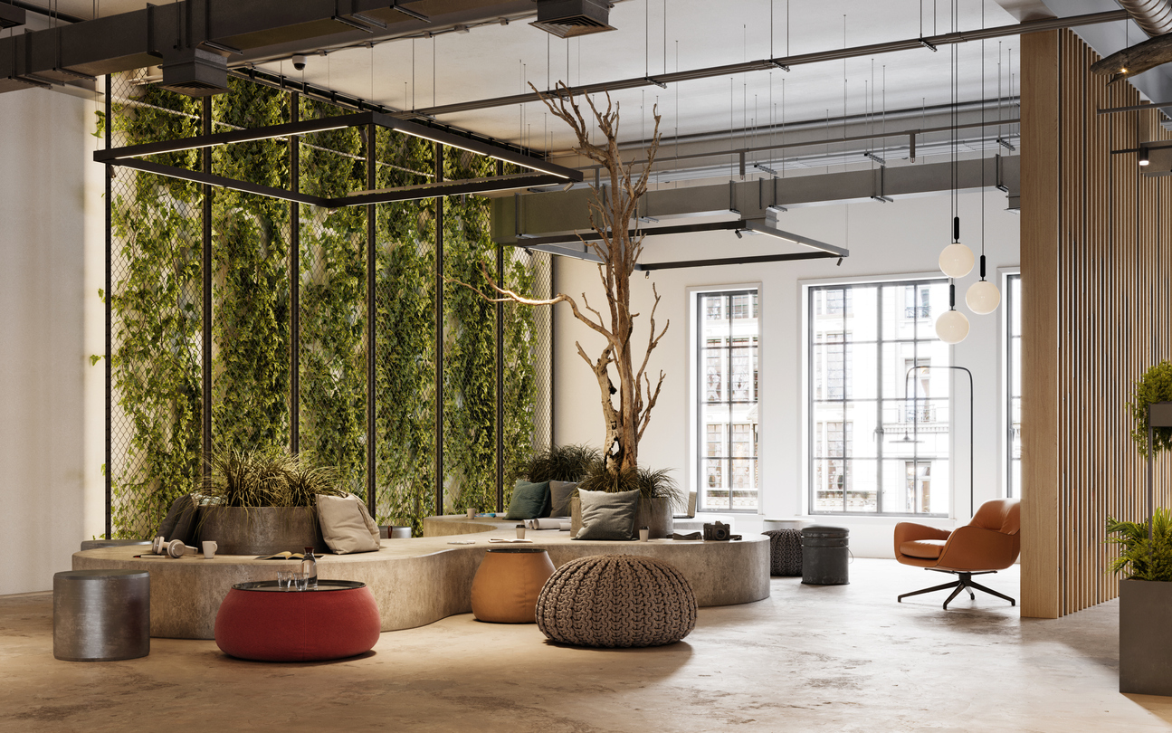 A balanced modern corporate office layout in Dubai featuring a blend of open collaborative desking areas and private acoustic focus pods.