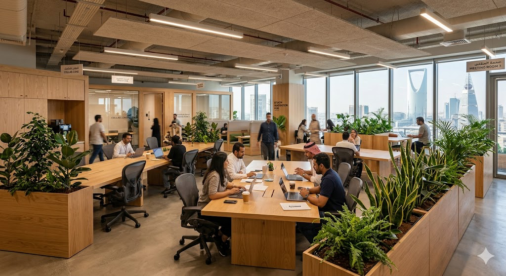 11.3.png An open activity-based corporate office layout in Riyadh displaying natural timber collaborative desks, low-VOC task chairs, and integrated indoor planter boxes.